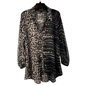 Ronnie Salloway Animal Print Stripes Sheer Long Sleeve Blouse Large